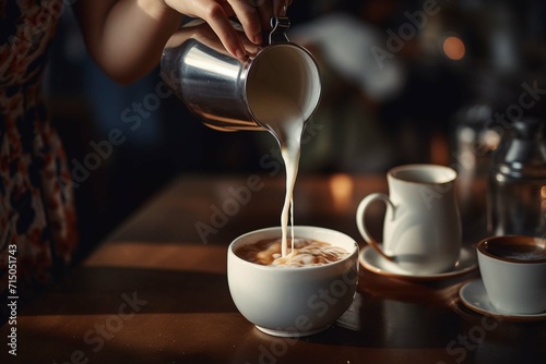 Cropped shot of waitress pouring milk into coffee cup in cafe photography