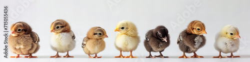 cute baby chicks standing in a row, isolated on white