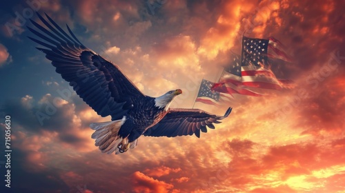A majestic bald eagle soaring through the sky with the American flag in the background. Perfect for patriotic and national pride themes