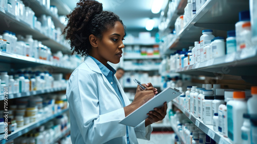 Female pharmacist or healthcare professional taking inventory or reviewing a clipboard in a pharmacy with shelves stocked with various medications.