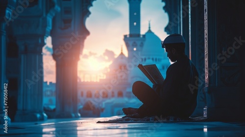 Muslim man sitting and holding Quran with view of mosque, eid ul adha mubarak day background illustration, Generative AI
