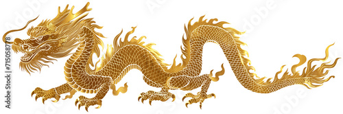 A striking golden Chinese dragon, with ornate details, embodies imperial power and strength, isolated on transparent background.