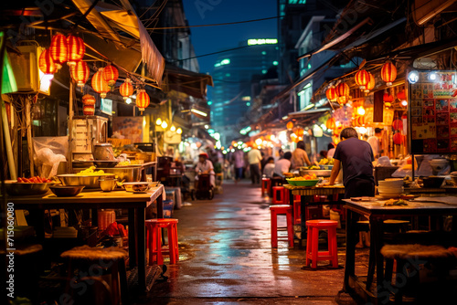 bustling night market with colorful stalls and delicious street food