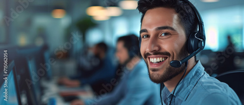 A cheerful customer service representative with a headset radiates positivity in a bustling office environment