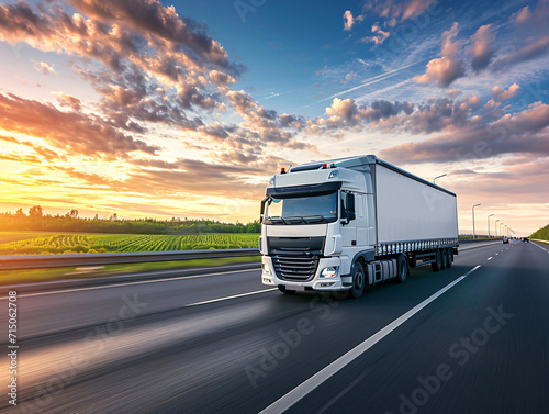 White delivery truck on highway at sunset. Fast and reliable logistics and freight transportation concept 