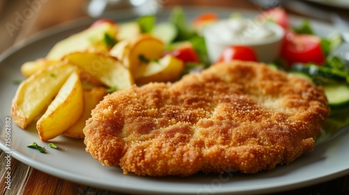 Golden crispy schnitzel served with roasted potato wedges and fresh salad