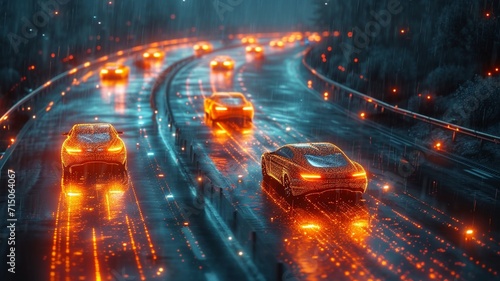 Vehicles on a futuristic highway, high security with advanced technology, generative ai