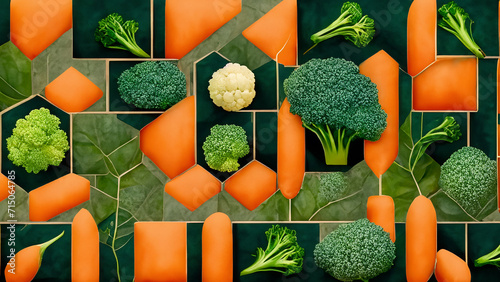 Vegetarian wallpaper with colorful fresh vegetables carrot broccoli cauliflower vegan mosaic 4K