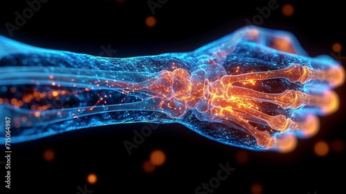 3D representation emphasizing pain and inflammation in the elbow joint, illustrating the interplay of bones, muscles, and tendons generative ai