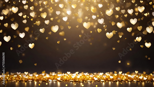 Golden defocused heart shaped lights on a dark vintage background. St.Valentine's Day,Love Wedding wallpaper.Banner for design with copy space.AI generated.