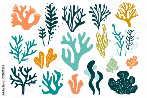 Set of vector watercolor seaweed and corals isolated on white. Sea theme, design element, decoration of water entertainment places, parks, beaches.