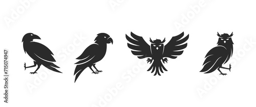 Birds logo set. Raven, Parrot and Owl signs. Vector illustration