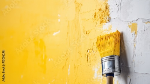  a paintbrush on a yellow painted wall with a white paint roller on the side of the wall and a yellow paint roller on the other side of the wall.