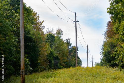Electric transmission lines on an easement cut through a forest in a rural area