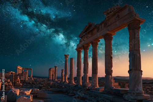 Ancient Greek columns under a starlit sky. Historical site astrophotography for educational and travel publications. Architecture and astronomy intersection. 