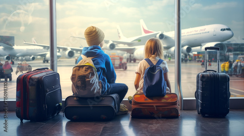 Children sit on their suitcases at the train station in front of a large window overlooking planes boarding, waiting for their parents to board their flight to begin their vacation travel.