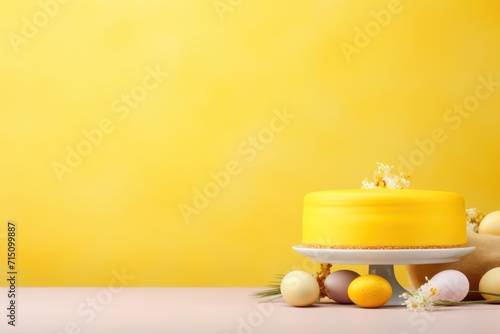  a yellow cake sitting on top of a white plate next to eggs and a radish on a table.