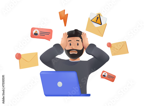 Malicious attachments isolated cartoon vector illustration 3D. Man having threat in email, malicious files to steal data