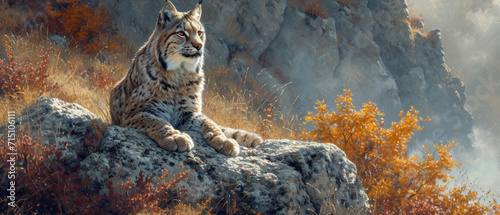The Eurasian lynx in nature. Lynx lynx. Naturalistic illustration. Wildlife in its natural habitat.