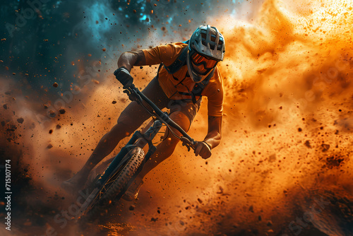 A daring stunt performer navigates through rugged terrain on their offroading bicycle, equipped with a helmet and sports equipment, in an adrenaline-fueled freeride of extreme sports and racing