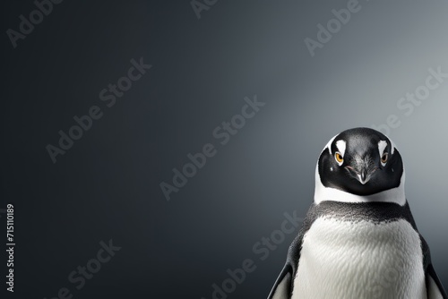  a close up of a penguin with a black and white head and a black and white body and a gray background.
