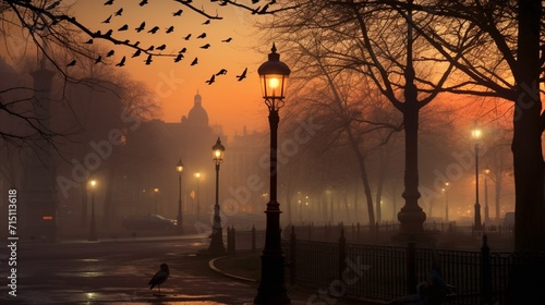 A city park at dawn, with morning mist and birds perched on lamp posts