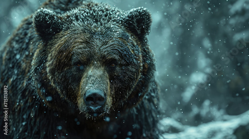 Brown bear with dark fur stands in a snowy forest in Siberian snowy background.