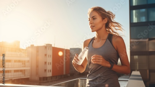 Young women jogger with water bottle in early morning spring sunshine running in town centre. Concept healthy living.