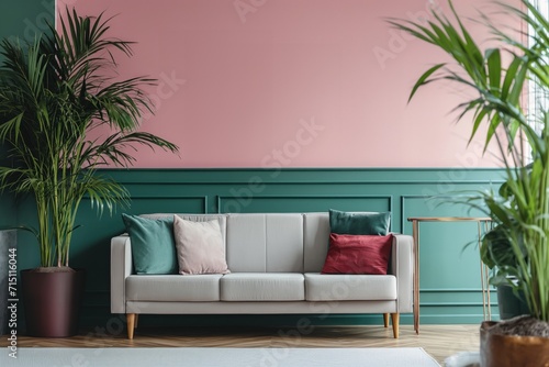 Uma sala de estar super confortável e aconchegante. Possui sofá claro e quadro na parede. Tudo em uma linda paleta de cor viva e natural.