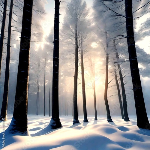 Snow Forest Mountain Tree Landscape Winter beautiful. A serene winter landscape with a snow covered forest and mountain range, gleaming peaks, snow laden slopes