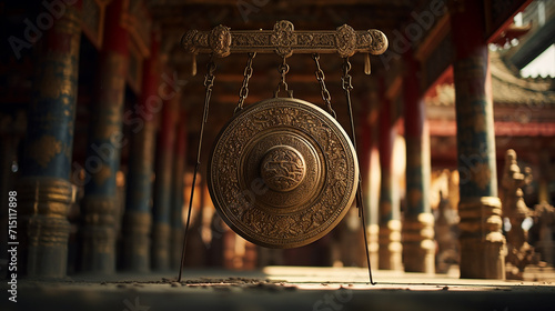 Gong at the Temple: At the entrance of a tranquil temple, a gong stands silent