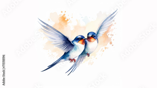 watercolor pair of cute swallows in love playfully flying around each other, white background