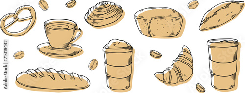 Bakery hadpainted illustrations set banner black and white beige coffee, buns, beans, bread, cappuccino, cup, croissant