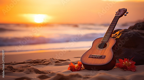 ukulele on the beach rests in the sand, the sunrise casting a golden glow with gentle waves