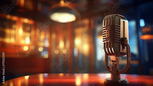 A carbon microphone in a vintage radio station with dim lighting blurred vintage decor, 3D rendered
