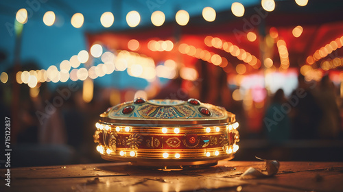 Tambourine on the festival ground the scattered lights of the fairground creating a boisterous bokeh