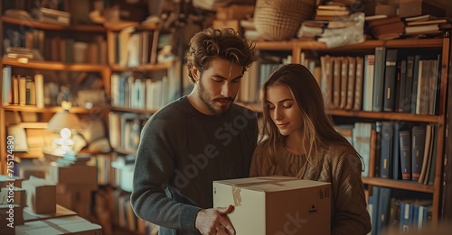 couple moving boxes into basement of house. interior of a house. students in library
