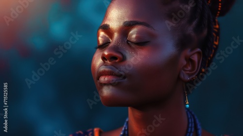 Cropped of stylish black girl. Attractive young slim woman wearing wearing traditional national african turban and earrings. Female beauty. Isolated on blue background. Studio shoot. Copy space