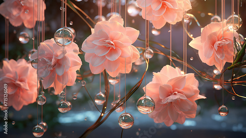Honeydew melodic bells with cascading light orbs and jasmine on a dusk rose surface. 3D rendering