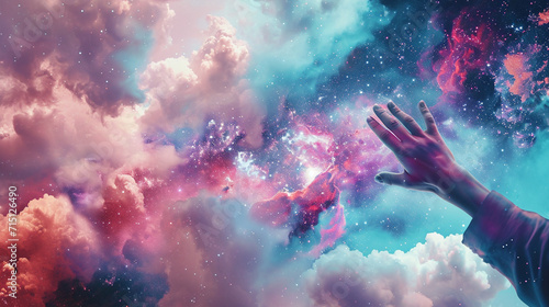 A person reaching out to touch or collect colorful nebula clouds shaped like traditional delight sweets. Generative AI