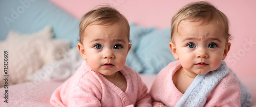 Cute little New born baby twins in pink portrait background, adorable toddler, wallpaper, banner with copy space area