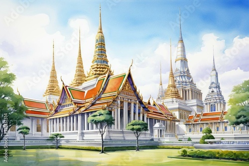 Watercolor-style illustration of ancient architecture and art in the grand palace, Wat Phra Kaew, Bangkok. Generative AI