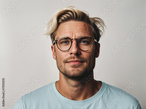 AI generated illustration of a nan with glasses wearing white t-shirt, standing up