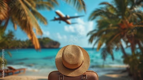 Panoramic view of the seacoast with suitcases with straw hat on the sand beach