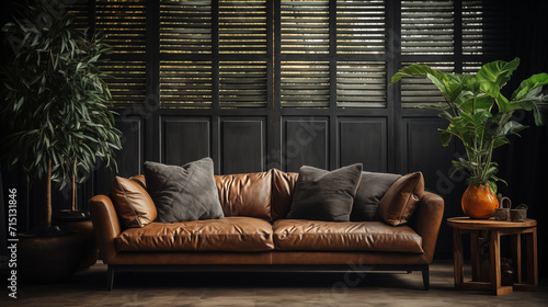 Dark stylish furniture, armchair and a couch with decorative pillow, home style 