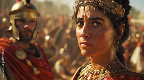Beautiful ancient Roman queen with her commander and army on a battlefield ready to attack.