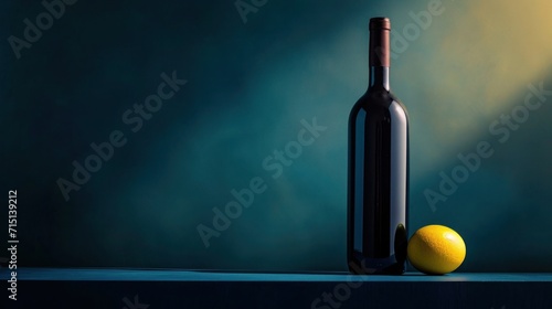 Sommelier's choice: an unlabelled bottle of aged vino close to an easter egg, the product of careful fermentation, against a serene blue studio background