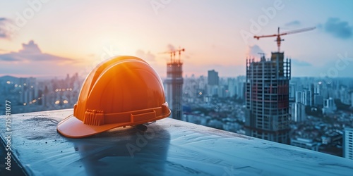 Safety helmet on the construction site with a cityscape background at sunrise.