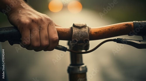 Detailed shot of a cyclists hand gripping the handlebars of a worn and weathered bike.