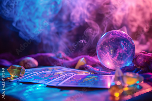  fortune telling ball, tarot cards on the table with crystals and smoke . Blurred background. purple and blue colors